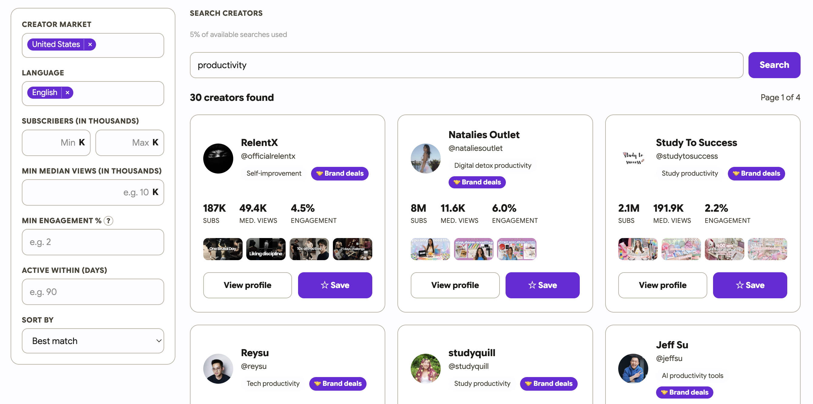 Creator discovery — search and filter YouTube creators by market, language, subscribers, views, and engagement